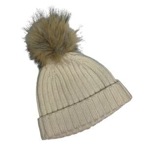 J Crew Cream Ribbed Knit Cream beanie with faux-fur pom-pom Hat